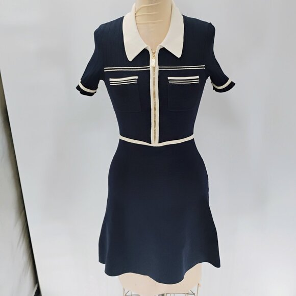 Sandro Two Tone Knit Dress Size 38 in Ecru/Marine - Picture 3 of 16